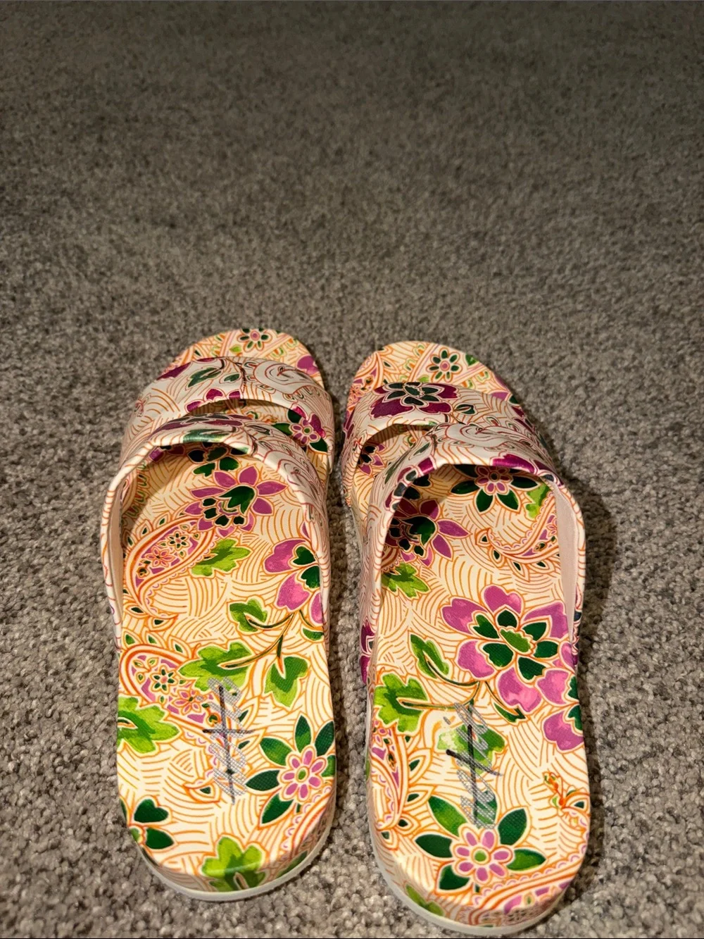 aerie Floral Double-Strap Slide Sandals in Cream, Pink and Green - Picture 2 of 4